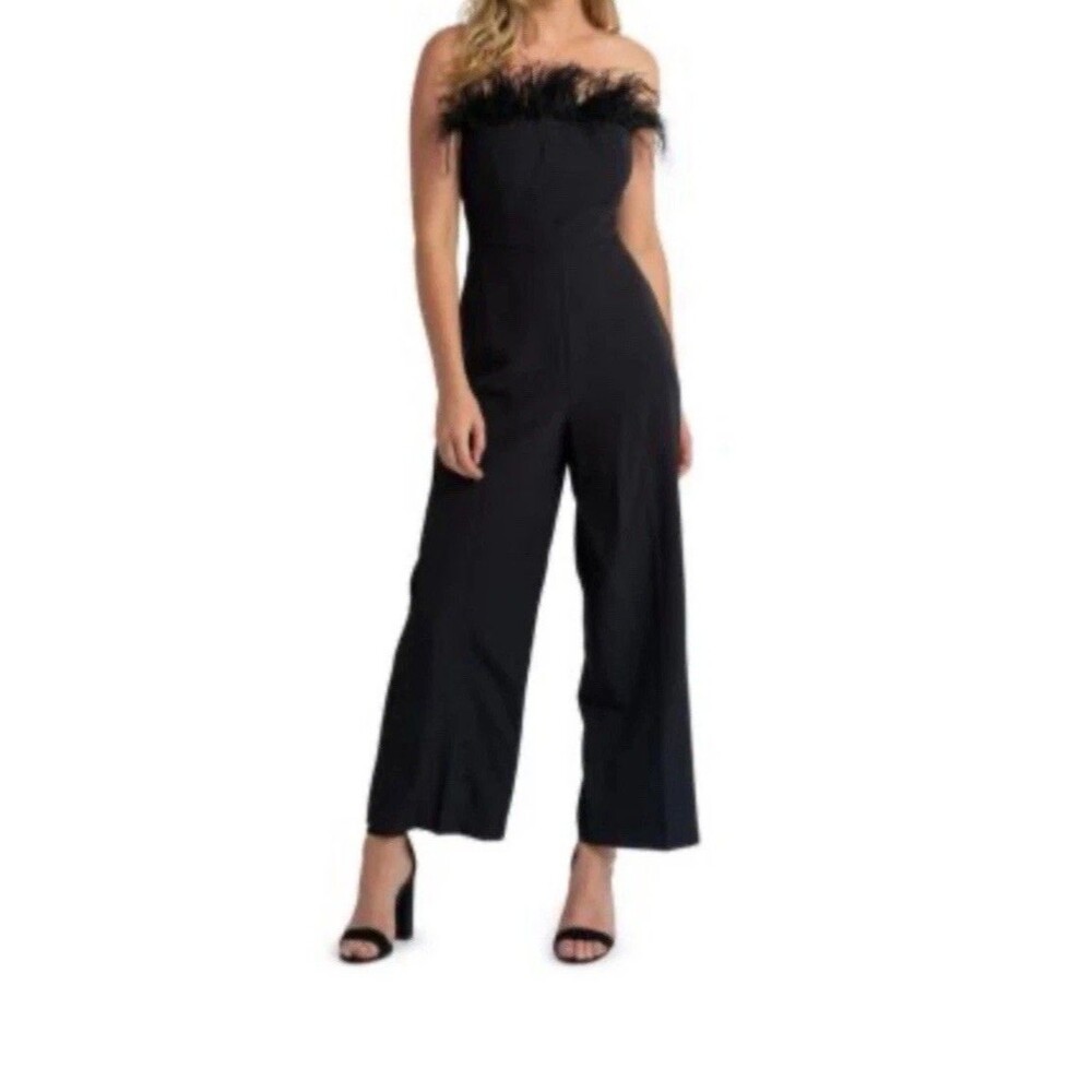 Alter’d State Black Strapless Wide Leg Jumpsuit Small Ostrich, Feather Cocktail